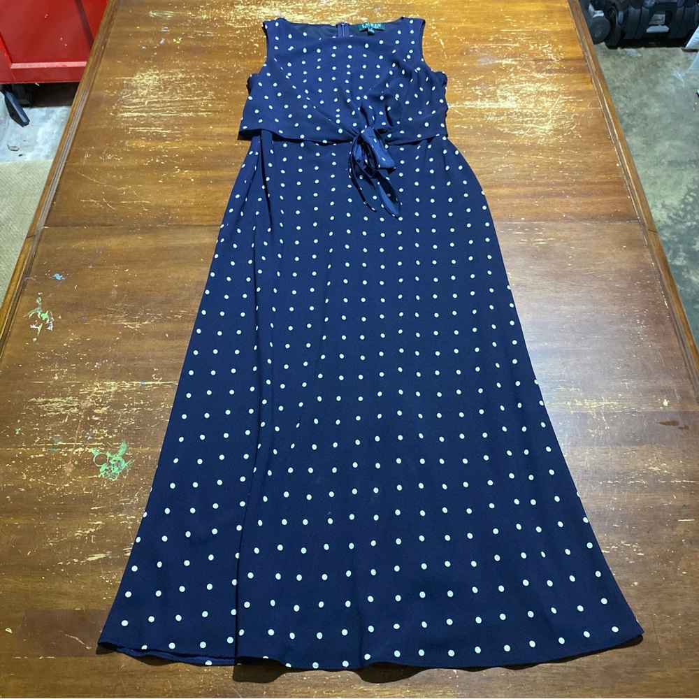 Ralph Lauren Women’s Long Dress Polka Dot Navy Sleeveless Size 6